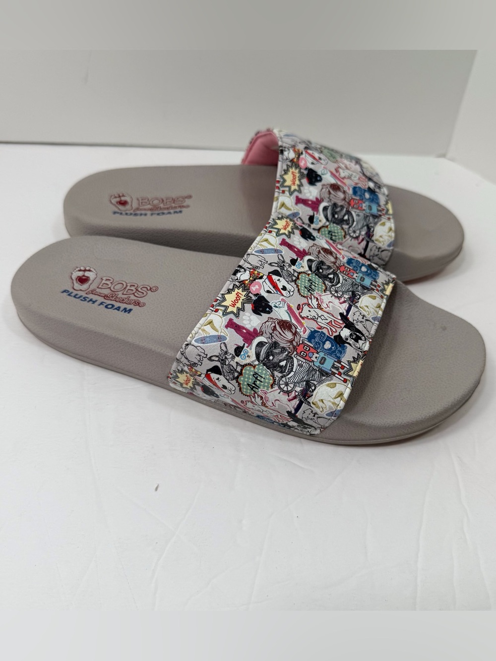 Skechers BOBS Gray Slide Sandals with Multicolor Dogs Print Graphic Strap